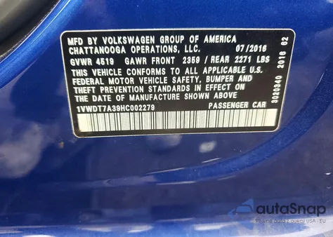 2017 Volkswagen Passat R-Line z USA, uszkodzony, nr VIN 1VWDT7A39HC002279